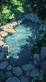 Shaded rock-lined forest pool with dappled sunlight reflections.