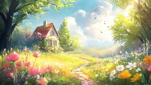 Sunlit cottage in dense spring meadow with high key lighting gradients