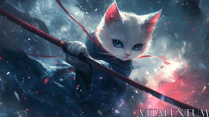 White cat warrior holding sword in stormy fantasy scene.