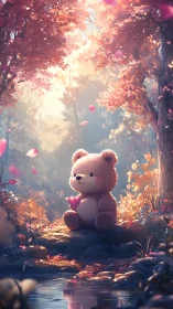 Cute teddy bear holding heart in glowing autumn forest.