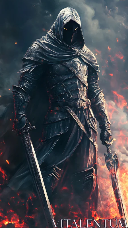 Hooded dark knight stands in blazing inferno with twin blades