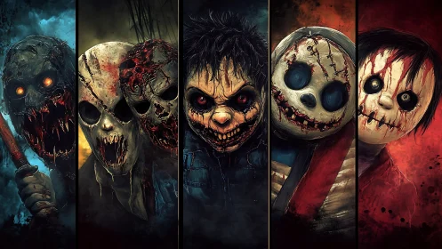 Carnival of stitched nightmares in split-panel horror tableau.