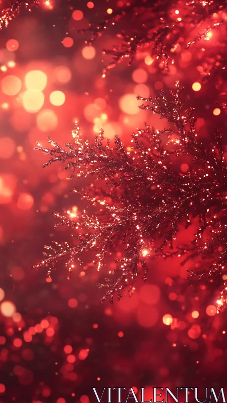 Glittering red fir branch glows against soft festive bokeh