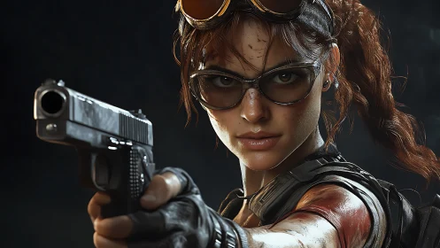 Battle-hardened heroine aiming pistol in cinematic close-up.