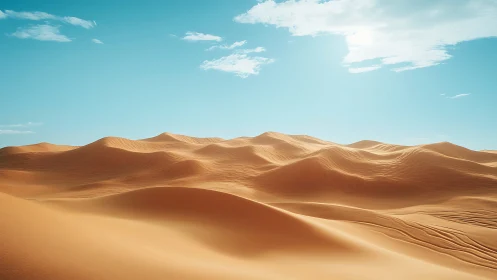 Sunlit desert dunes form rolling ridges under clear sky