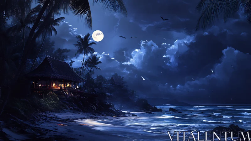 Moonlit tropical beach refuge glows beneath starlit sky.