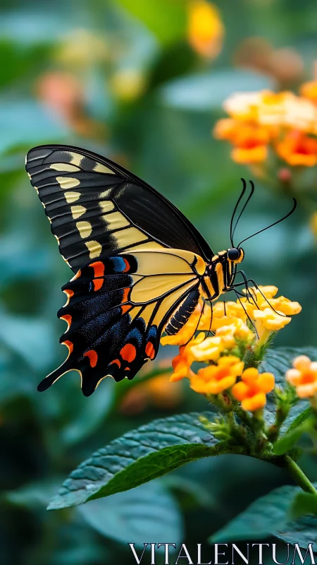 Swallowtail butterfly macro on lantana blooms in garden.