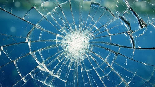 Close-up of shattered glass with radiating cracks, abstract style.
