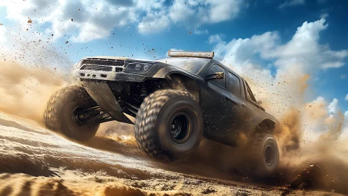 Off road truck kicking up sand in a bold desert sprint.