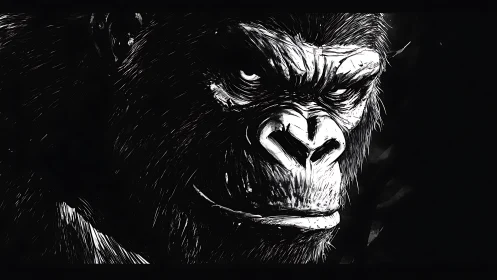 Monochrome gorilla portrait with high contrast lighting.