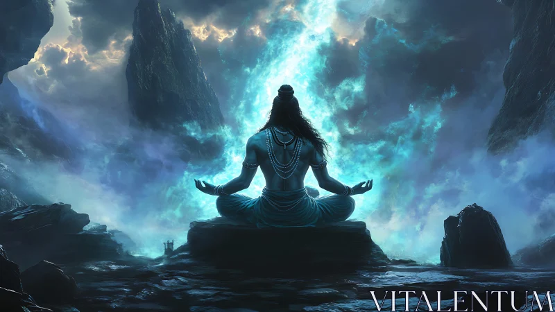 Cosmic meditation of a deity before stormlit chasm.