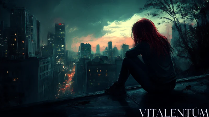 Backlit red-haired figure surveys neon-lit dusk city skyline