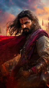 Battle-worn warrior in red cloak amid fiery battlefield.