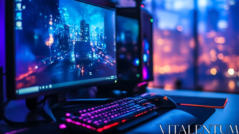 Neon city gamer battlestation glowing in cyber twilight.