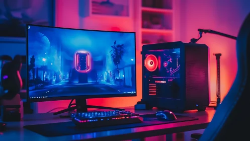 Curved monitor and tower PC display coordinated RGB lighting