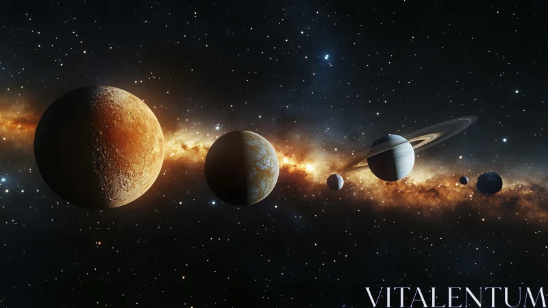 Planetary beads drift across a molten ribbon of distant stars