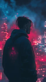 Silhouetted figure observes neon cityscape through colored fog