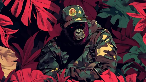 Camouflage-clad gorilla sits amid red tropical foliage