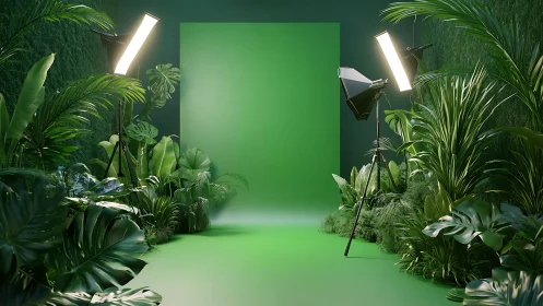 Studio greenscreen jungle set with softbox lighting installed