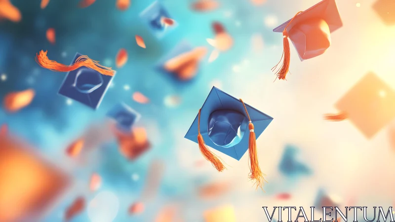 Graduation caps flying in the air, vibrant celebratory style.