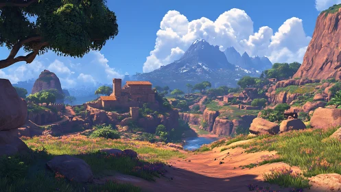 Sunlit canyon village dreaming beneath distant blue peaks.