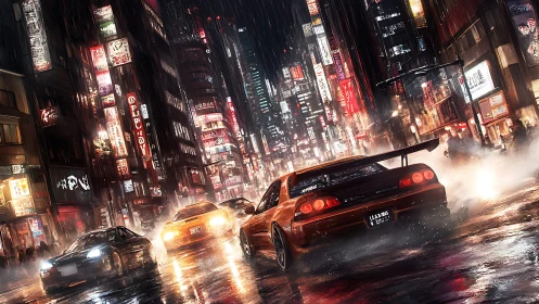 Neon downpour street race ignites a rain-slicked megacity.