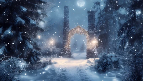 Moonlit winter forest gate under falling snow.