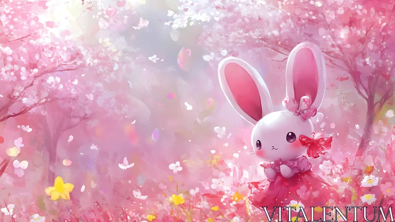 Cute bunny character in pink dress among cherry blossoms.
