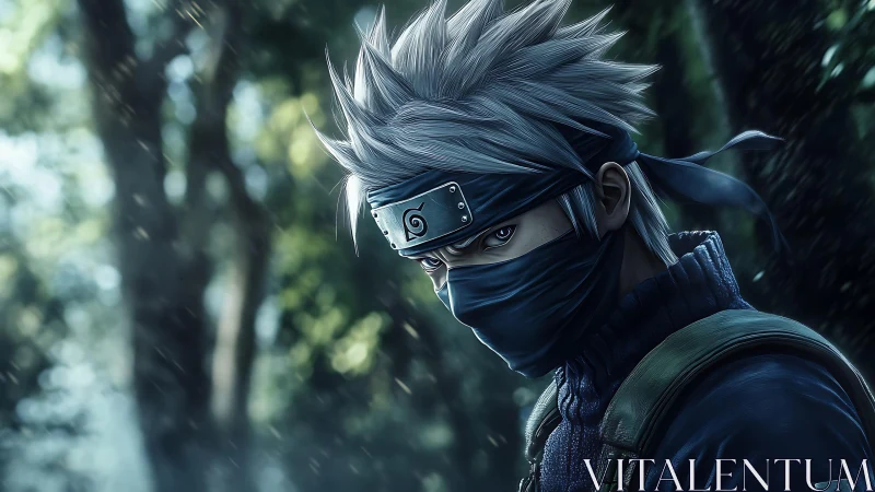 Mysterious masked warrior pausing in a misty green forest.