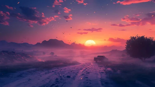Soft desert sunset welcomes a lone truck on dusty road