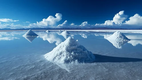 Salt mounds on reflective blue lake under bright clouds.