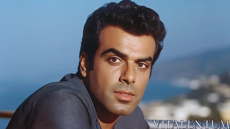 Brooding seaside gaze in sunlit retro portrait stillness.