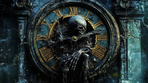 Skeletal figure integrated into corroded clock face structure