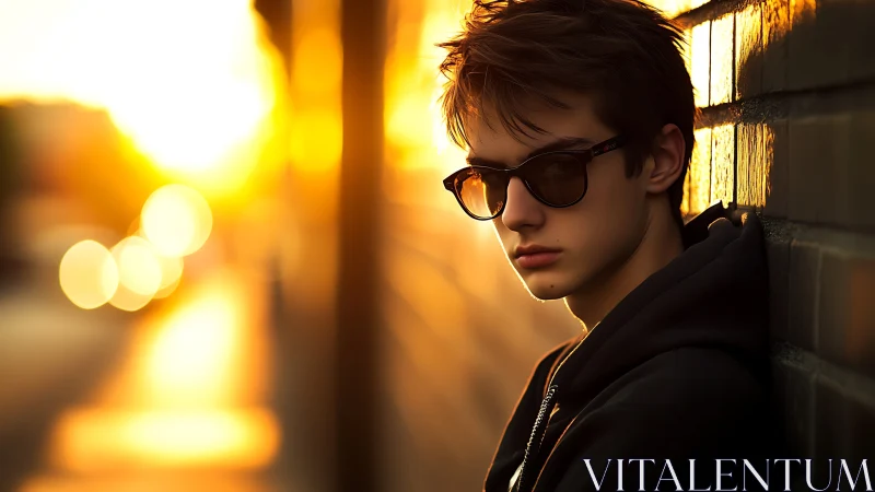 Sunlit loner in amber bokeh, leaning into golden silence.