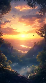 Sunset light passes over distant river valley landscape