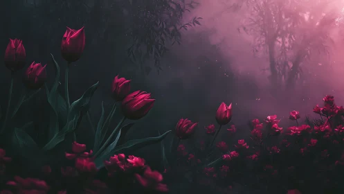 Crimson Tulips in Ethereal Mist Garden.