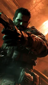 Grim soldier in molten light aims down the last hallway.