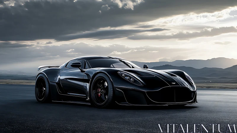 Black aerodynamic supercar sits on open road at dusk