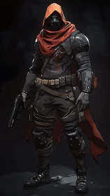 Hooded cyber assassin with pistol and red tactical cloak.
