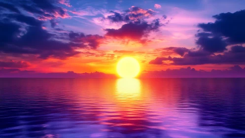 Sun sets over calm ocean with vivid multicolor sky reflections