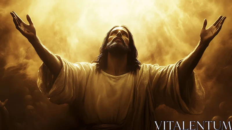 Radiant robed figure lifting arms toward blazing golden light.