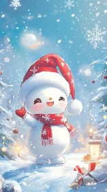 Snowman character waves in bright snowy winter forest