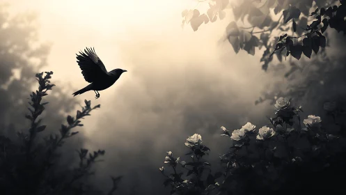 Raven ascends above moonlit roses in misty garden hush.