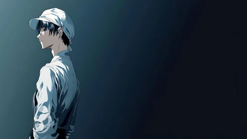 Solitary anime worker stands in cool blue shadows.
