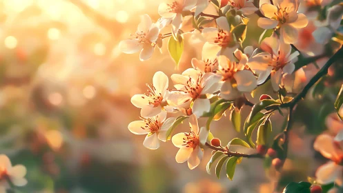 Small white and coral flowers backlit by warm golden sunlight