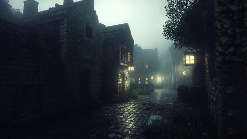Rainy cobblestone street with dimly lit stone houses.