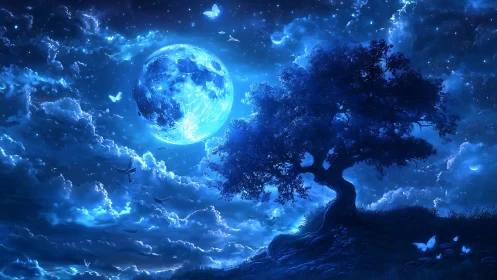 Luminescent moonlit oak anchors a high-contrast nocturnal sky