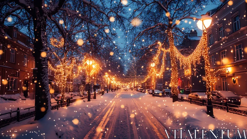 Snowy city street glows with cozy golden holiday lights tonight