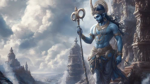 Divine blue deity strides through misty celestial temples