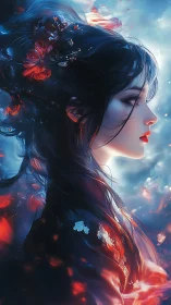 Dreamy profile of a flower-crowned maiden in glowing light.